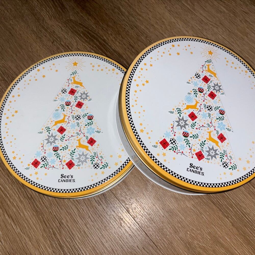 Sees candies yellow Christmas tree tins box o